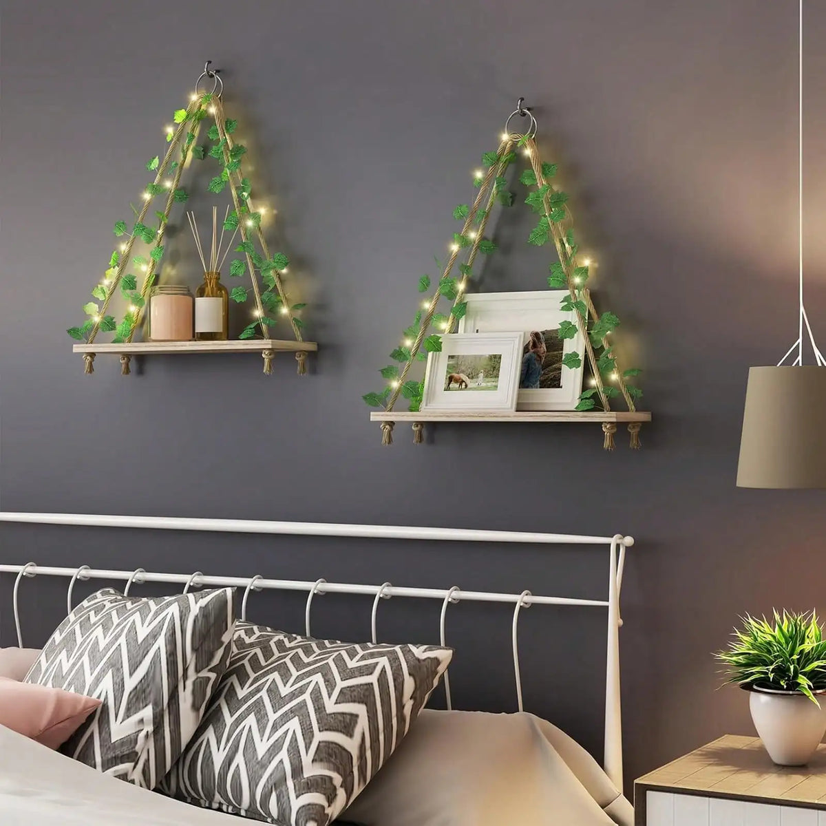 3 Pack Floating Shelves With LED And Ivy, Boho Wall Display