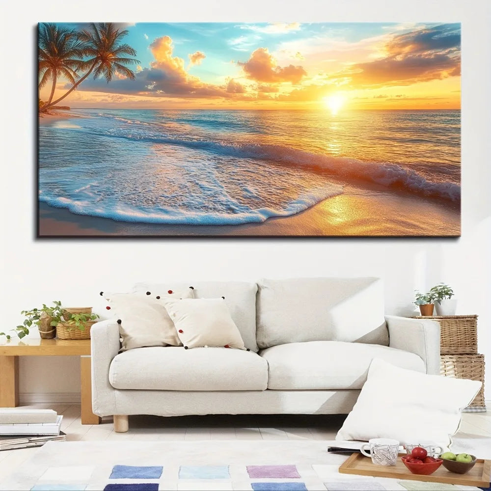 Natural Pine Wood Frame Ocean Sunset Coast Canvas Wall Art