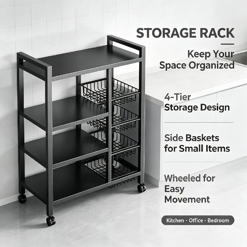 4-Stage Carbon Steel Kitchen Mobility Cart With Storage Baskets