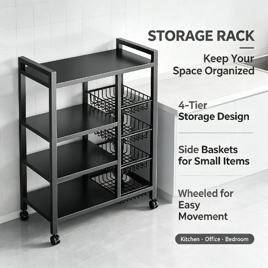 4-Stage Carbon Steel Kitchen Mobility Cart With Storage Baskets