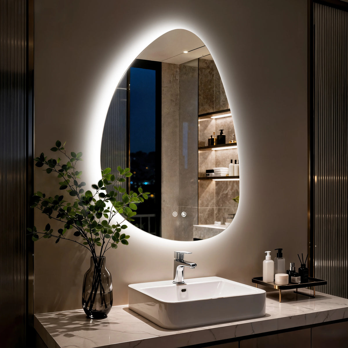 LED Bathroom Mirror Wall Mounted Vanity Mirror with 3 Lighting Colors, Touch Sensor, Anti-Fog, Backlit Light, Irregular Pebble Shape