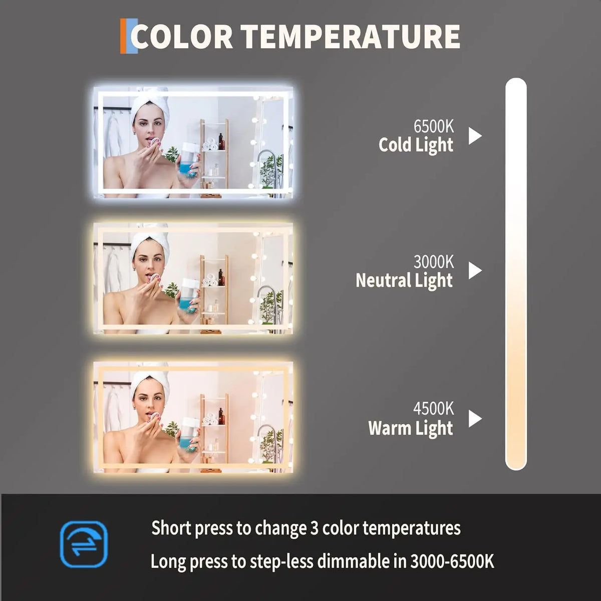 LED Bathroom Mirror with Memory, Stepless Dimmable/Anti-Fog/Shatter-Proof/Front&Backlit, Lighted Vanity Mirror, Wall Mount