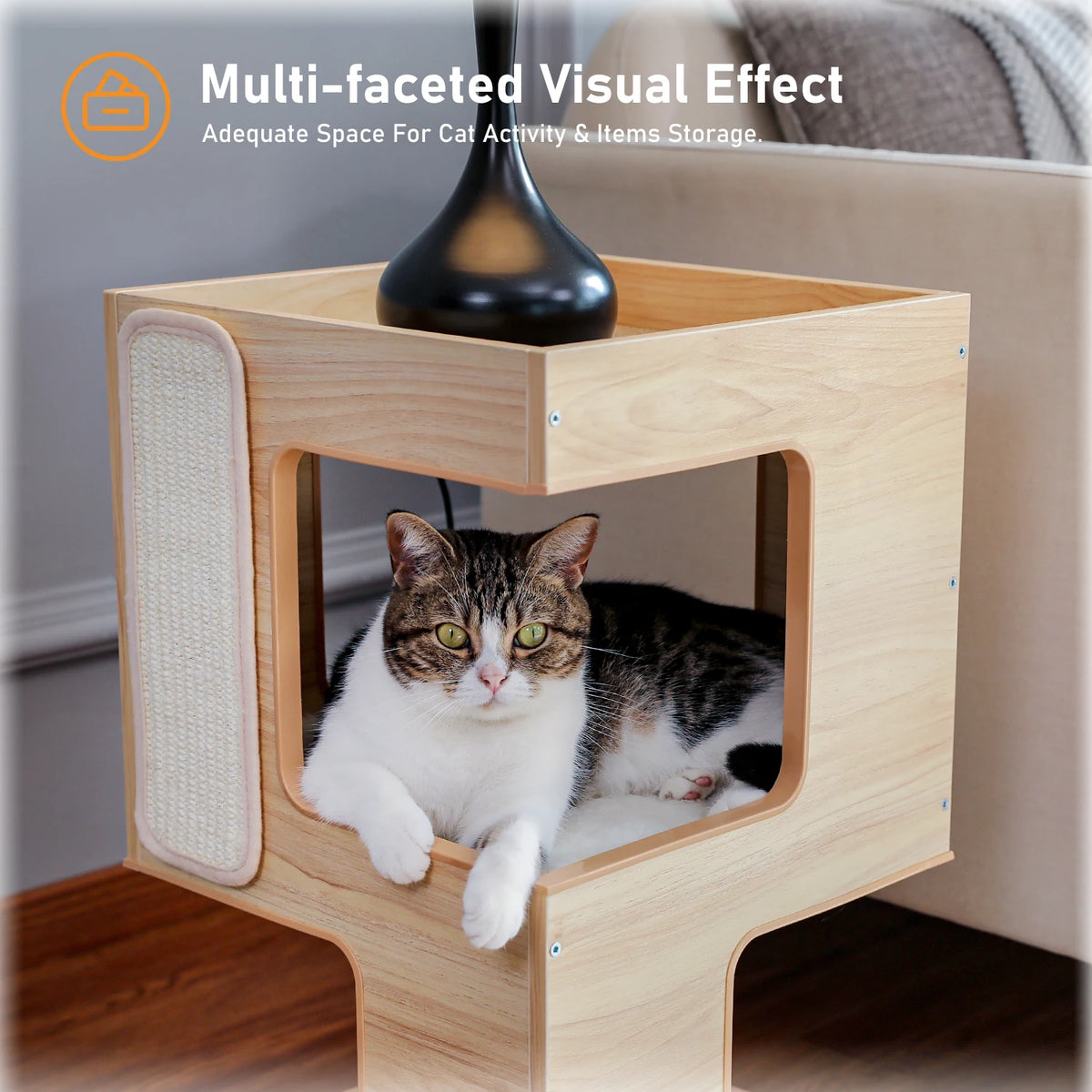 PAWZ Road Modern Wood Cat Condo House Bed With Scratching Pad