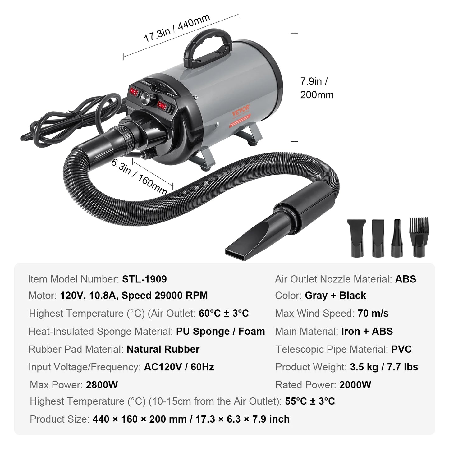 SucceBuy 2000W 2 7HP Dog Dryer With Adjustable Speed Nozzles