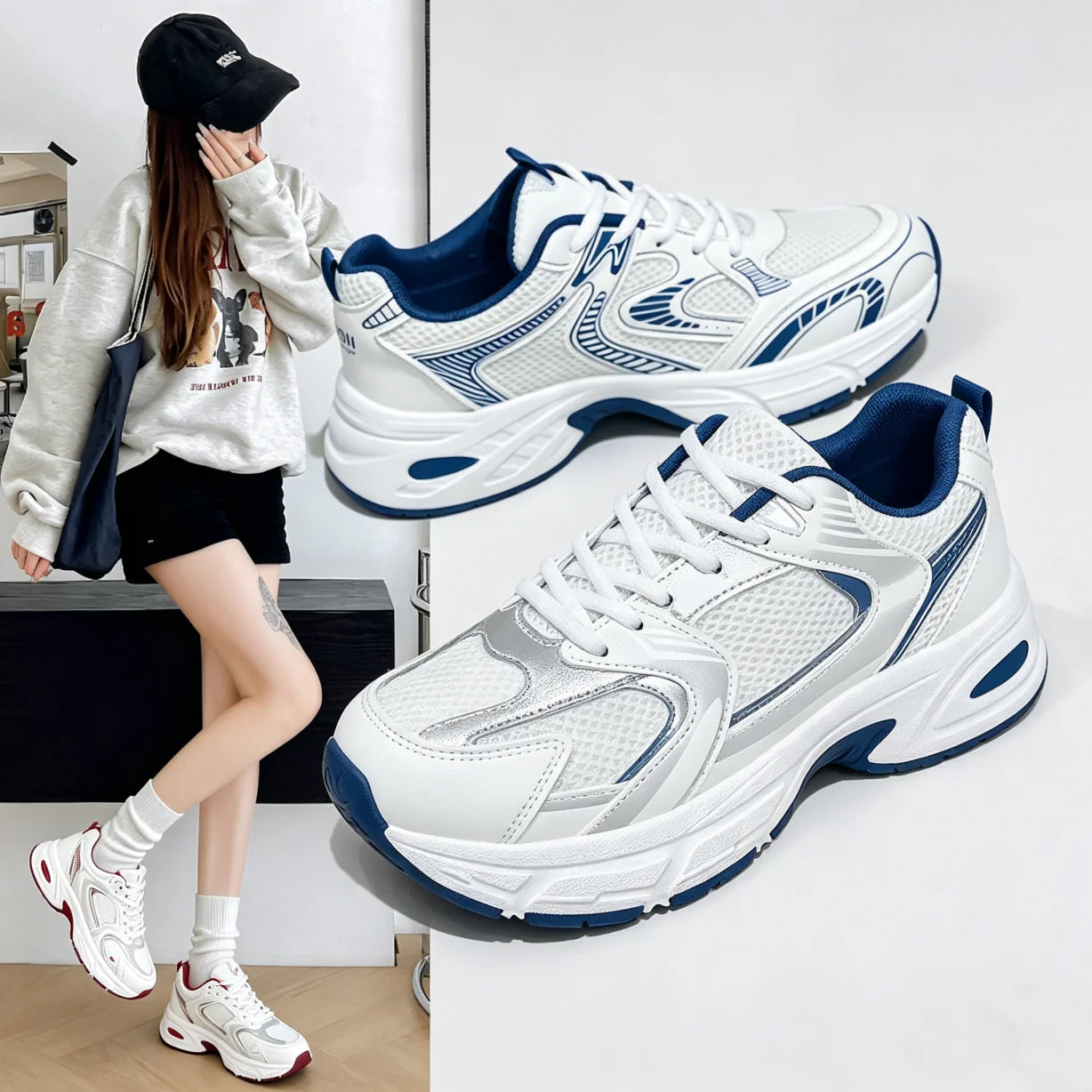 Women's Retro Dad Shoes Breathable Mesh Platform Sneakers Lace Up