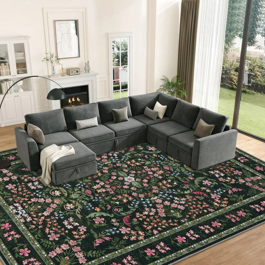 Soft Vintage Floral Area Rug for Living Room Bedroom, Low Pile Machine Washable Carpet for Dining Room Home Office