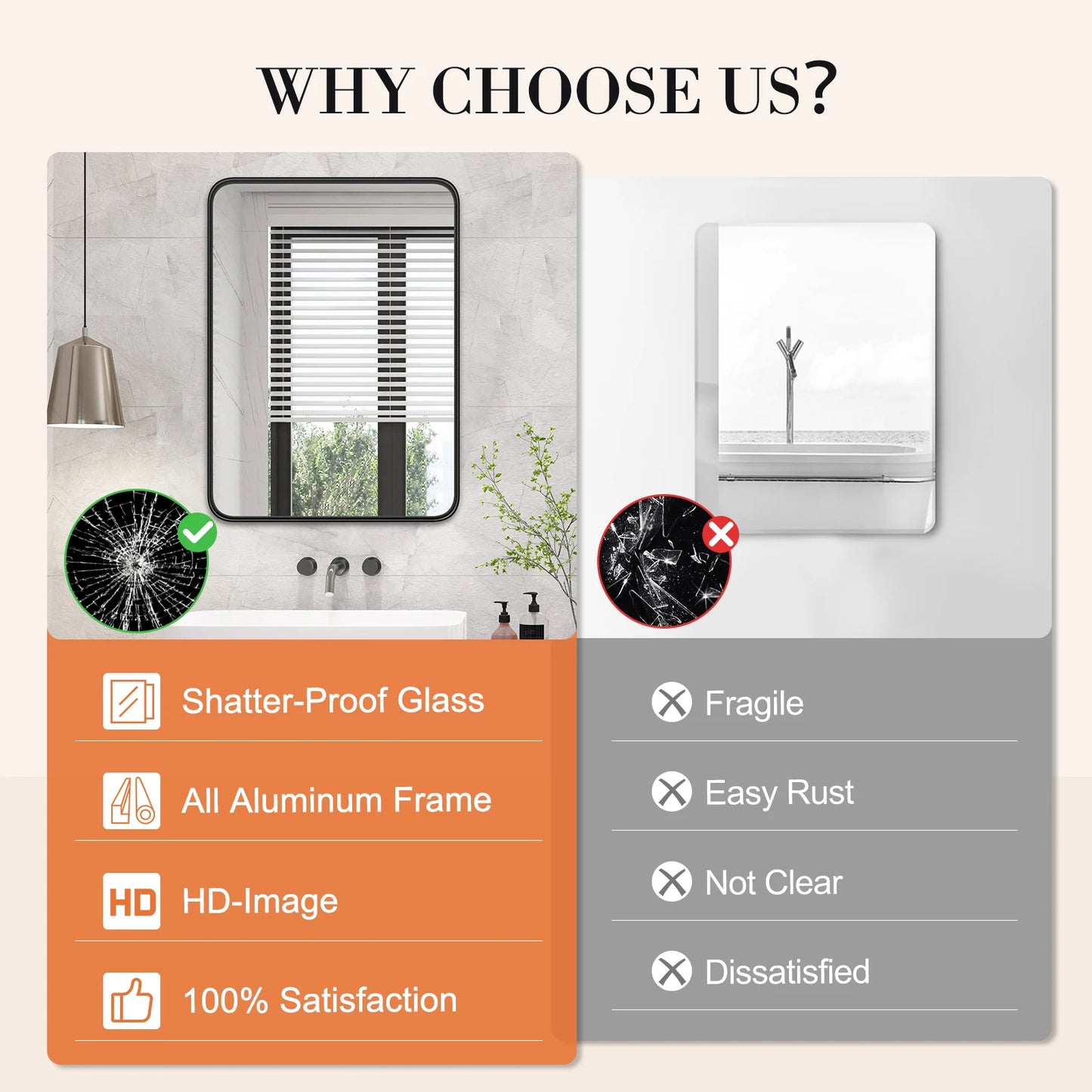JHK Matte Metal Framed Bathroom Mirror Tempered Glass Wall Mount