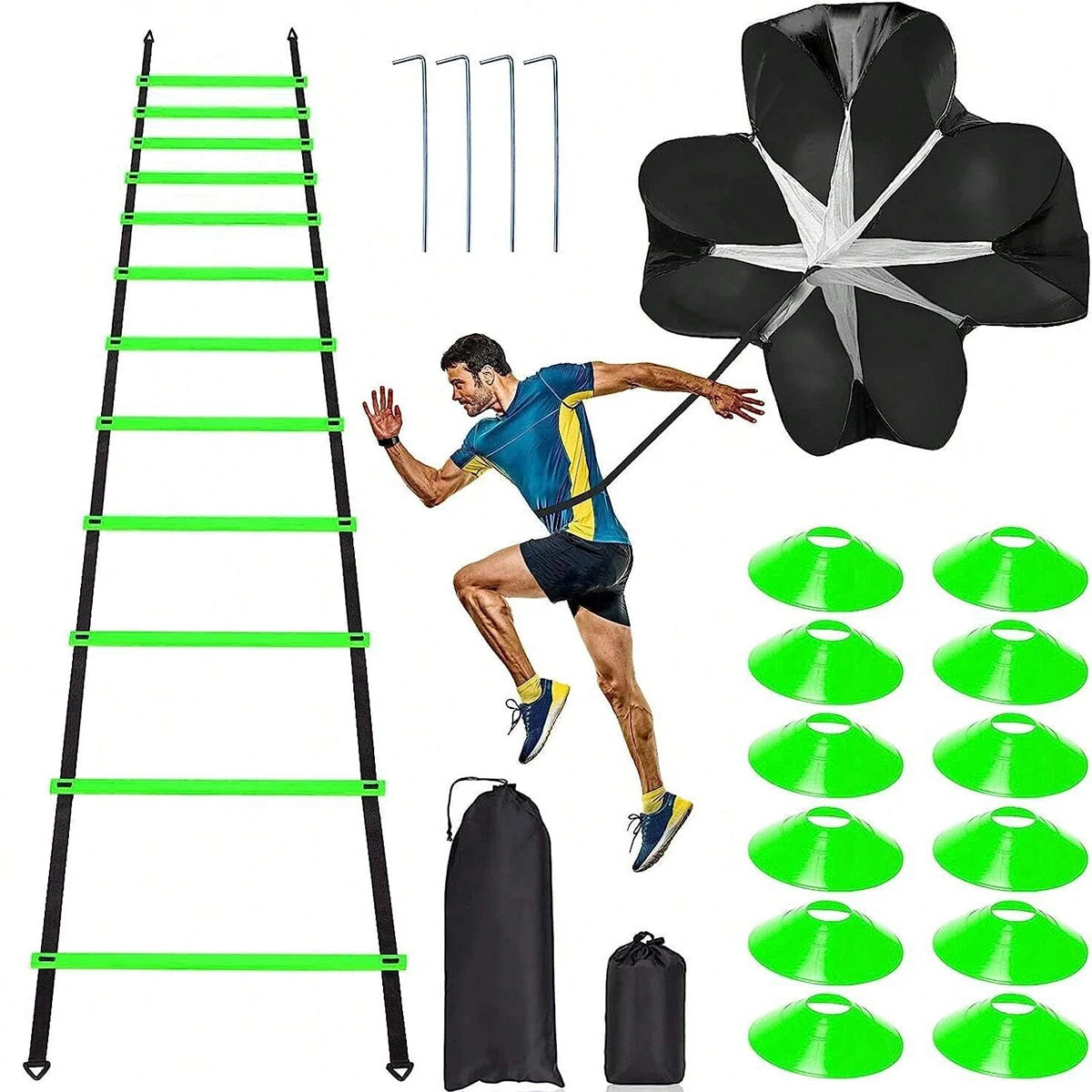 GKHMNEW Speed Agility Training Set With 12 Rung 20ft Ladder Cones Parachute