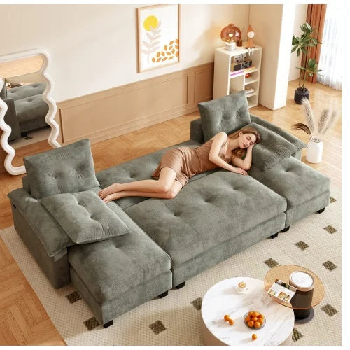 U-Shaped Sleeper Sofa w/pull-out bed: 2-in-1 couch bed, removable armrests, USB ports. Oversized modular sectional w/chaise
