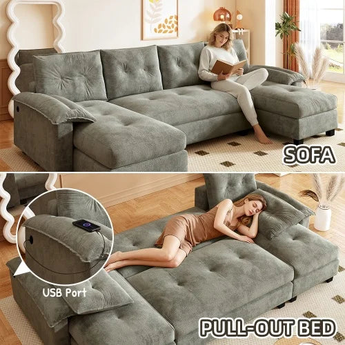 U-Shaped Sleeper Sofa w/pull-out bed: 2-in-1 couch bed, removable armrests, USB ports. Oversized modular sectional w/chaise