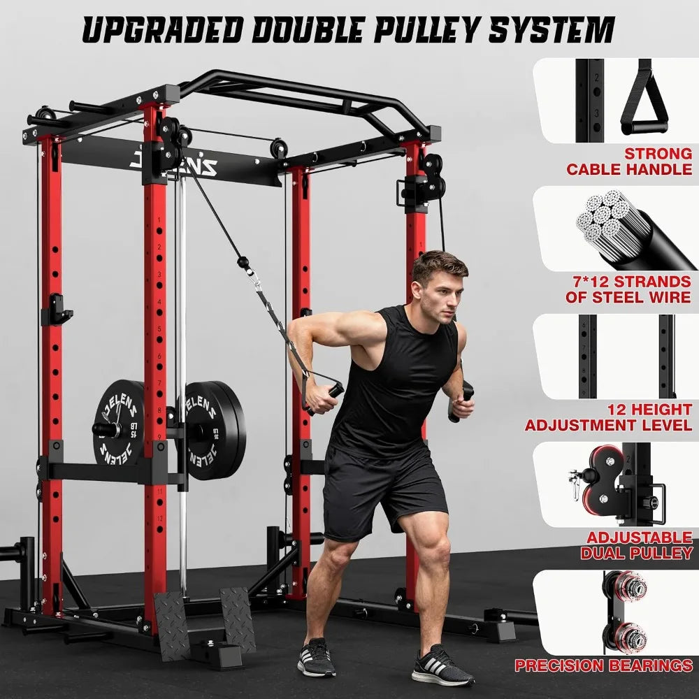 Squat Rack For Home Gym 2000Lbs Capacity With Adjustable Pulley System