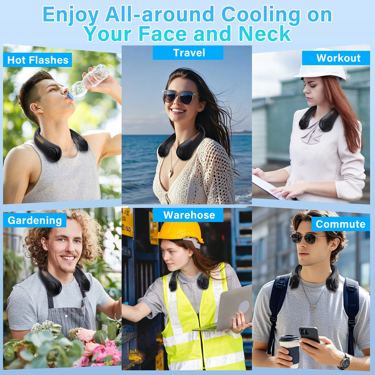 2PCS Portable Neck Fan with 5-Speed Silent Bladeless Design, Long-Lasting USB Rechargeable Cooling Device—Essential for Indoor and Outdoor Office Work, Reading, Sports, and Leisure.