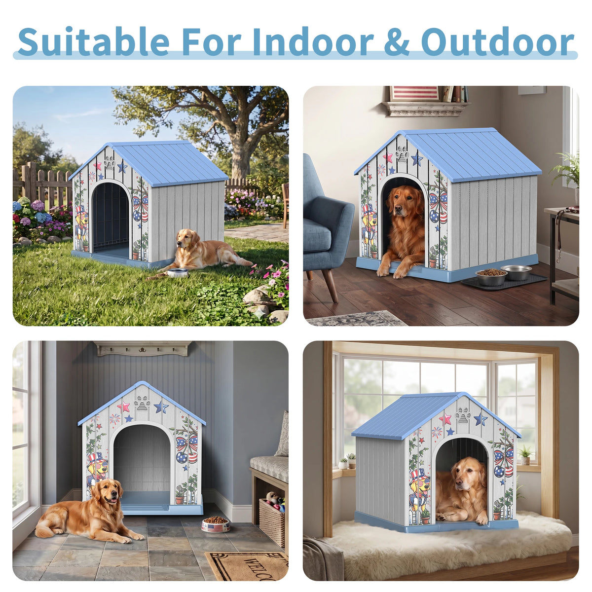 Weatherproof Plastic Outdoor Dog House With Printed Door