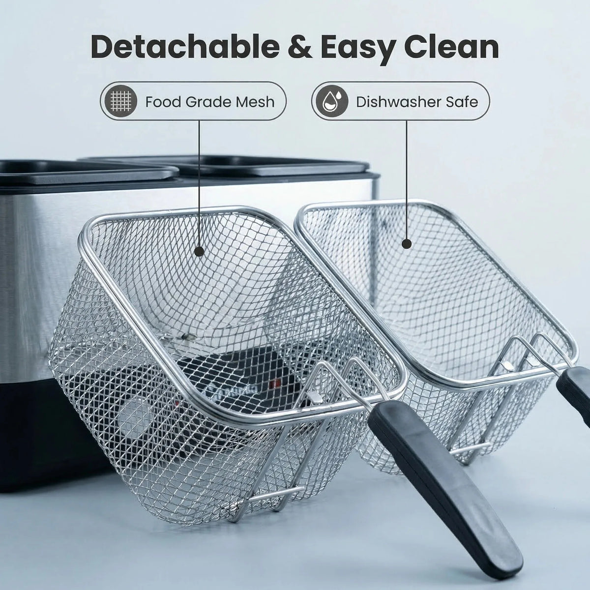 M Minca 1.5 Liters Deep Fryer with Detachable Dual Inner Liners & Double Cooking Baskets, Dual Thermostat Control, Safety Anti-Splash Cover, Heat Resistant Glass Lid, Easy Clean Home Deep Fat Fryer