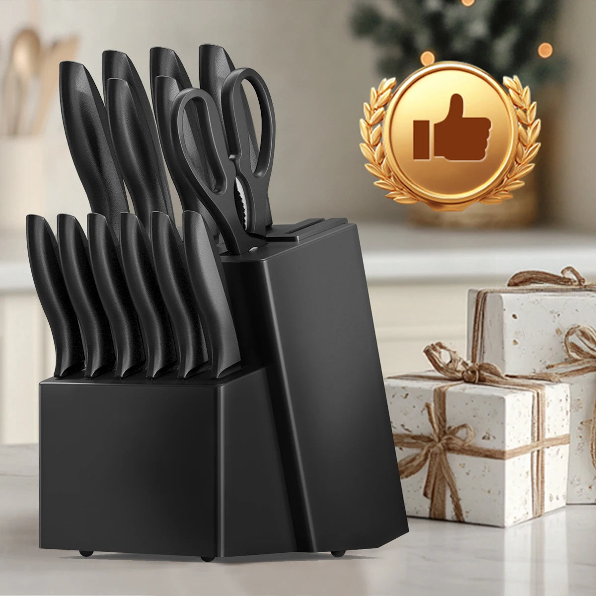 Stainless Steel Kitchen Knife Set With Block Sharpener Scissor