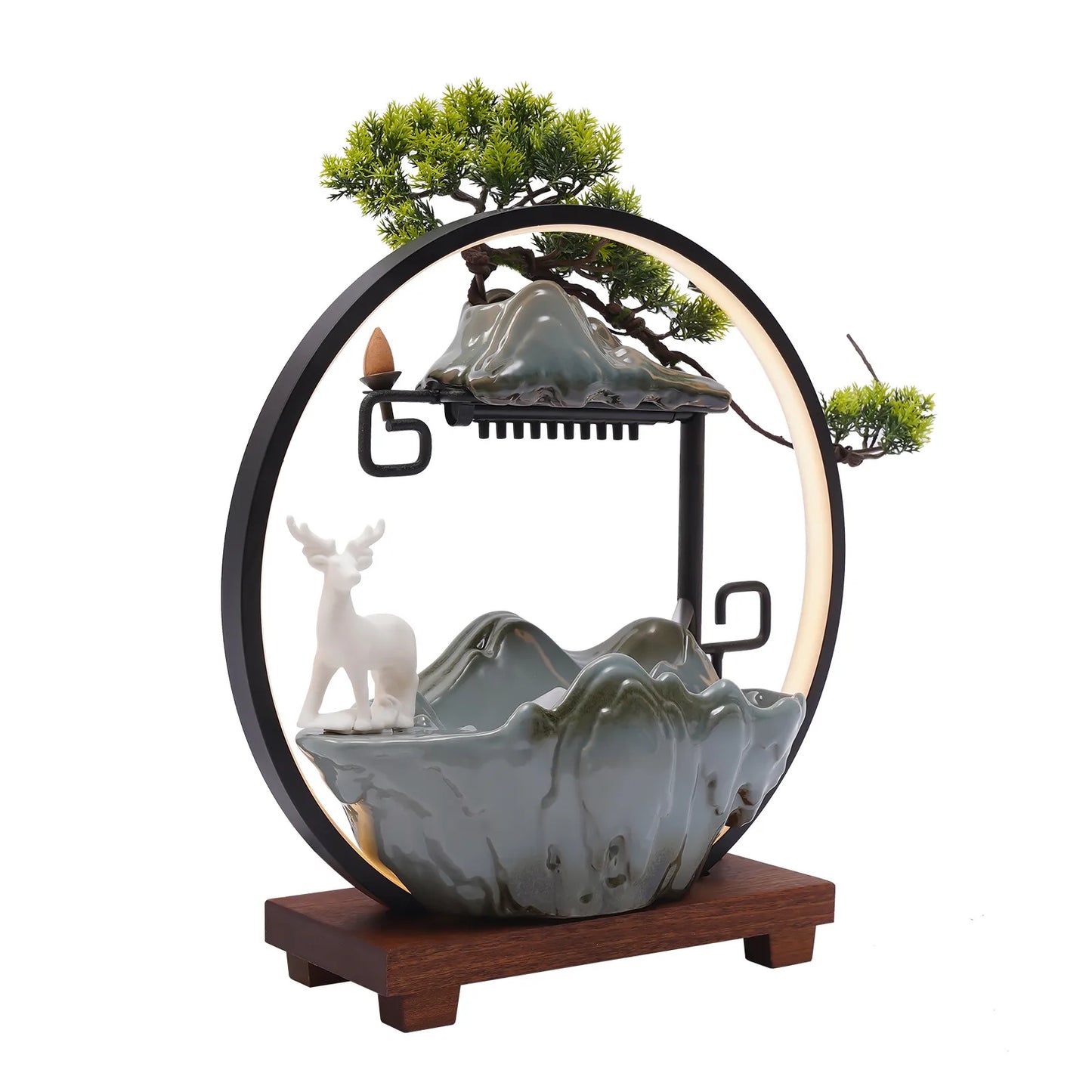 110V Ceramic Tabletop Fountain With LED Deer Figurine Pine Branches