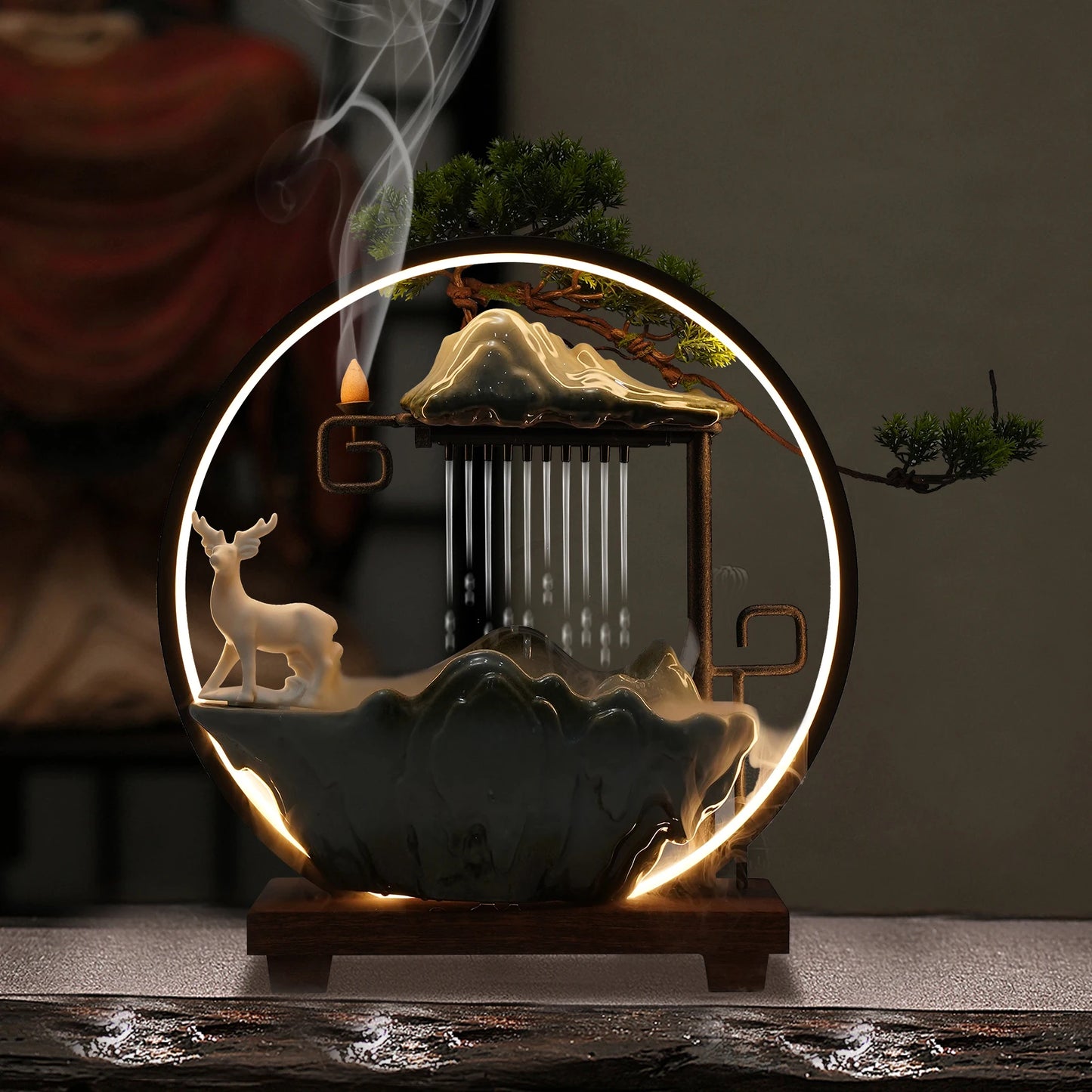 110V Ceramic Tabletop Fountain With LED Deer Figurine Pine Branches