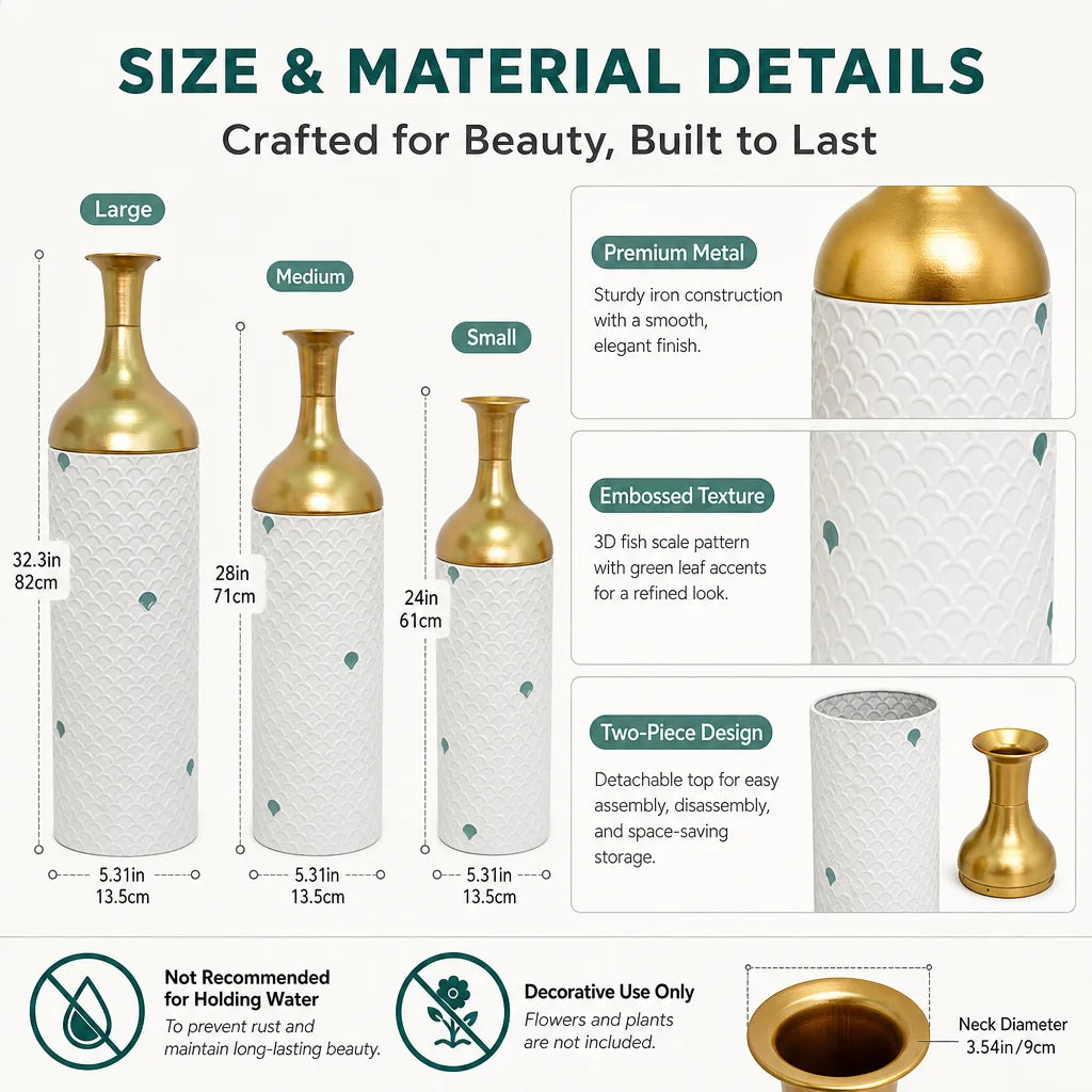 Set Of Three White And Gold Metal Floor Vases With Gold Leaf Pattern