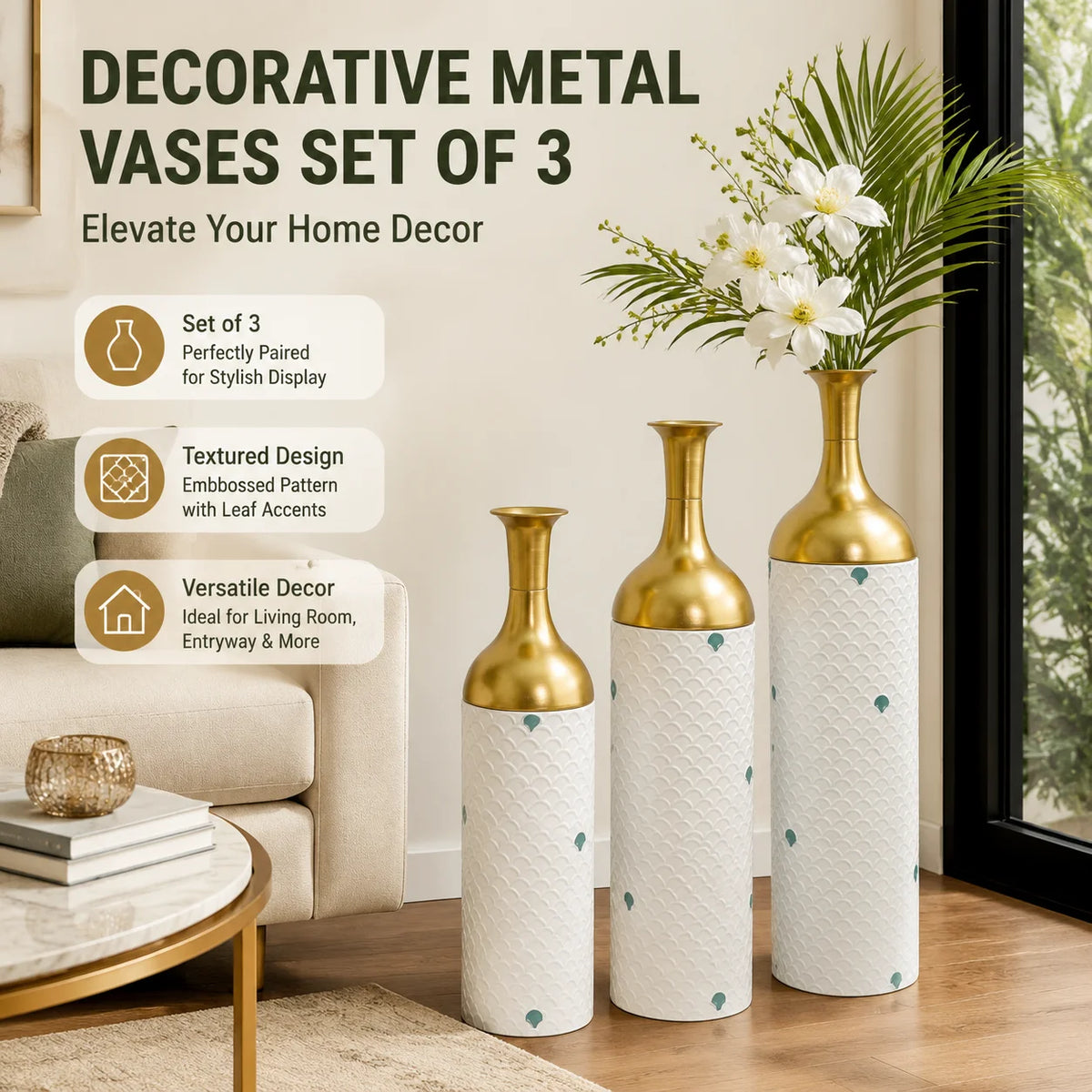 Set Of Three White And Gold Metal Floor Vases With Gold Leaf Pattern