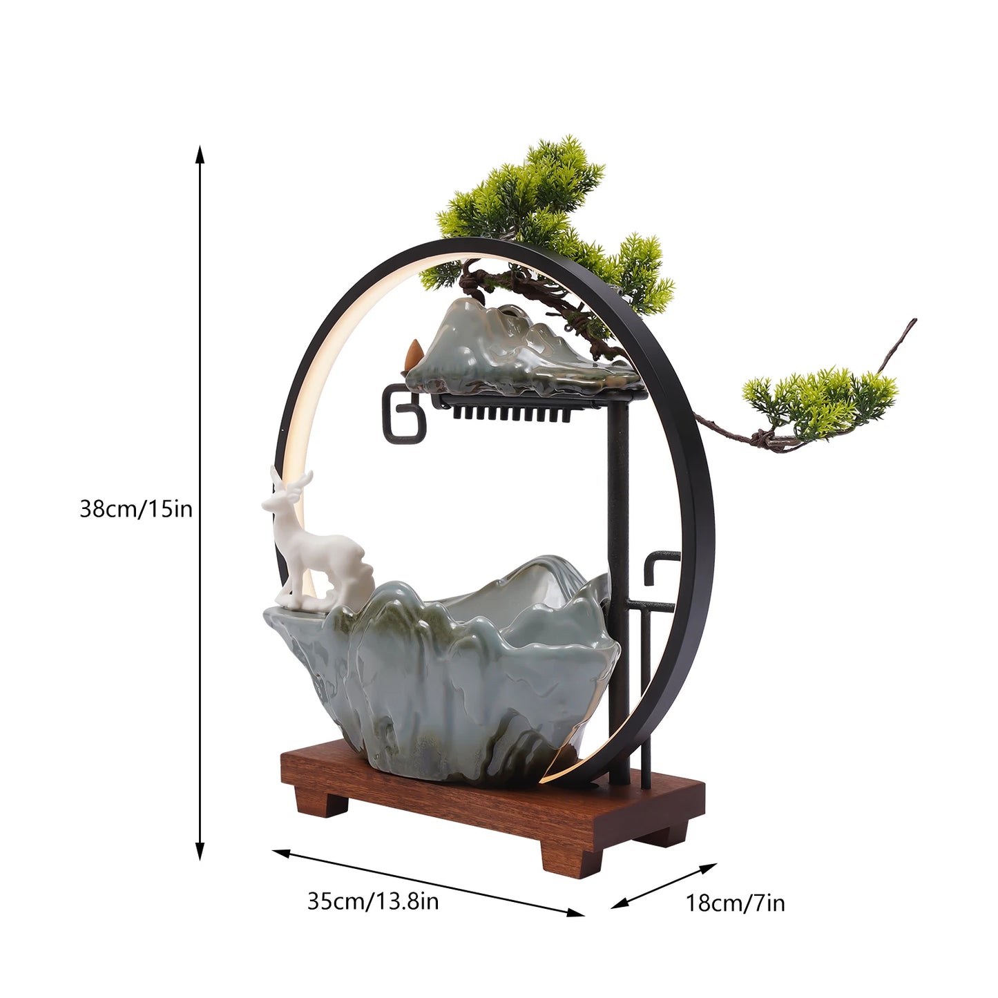 110V Ceramic Tabletop Fountain With LED Deer Figurine Pine Branches