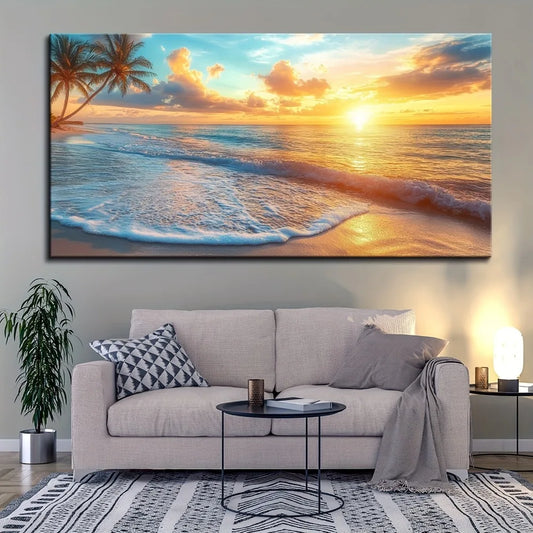 Natural Pine Wood Frame Ocean Sunset Coast Canvas Wall Art