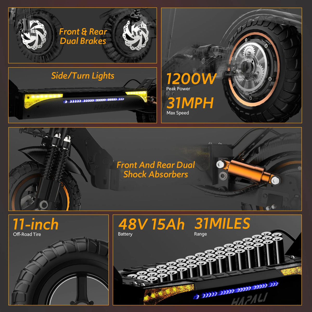 Off Road Electric Scooter, Dual Suspension & Side Light Folding E-Scooter for Adult, 48V 15AH, 1200W Motor Up to 31Mph & 31Miles, 11" All Terrain Tire