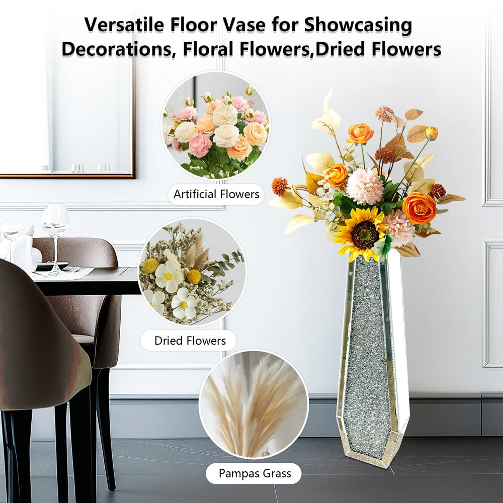 Luxury Crushed Diamond Mirrored Floor Glass Flower Vase