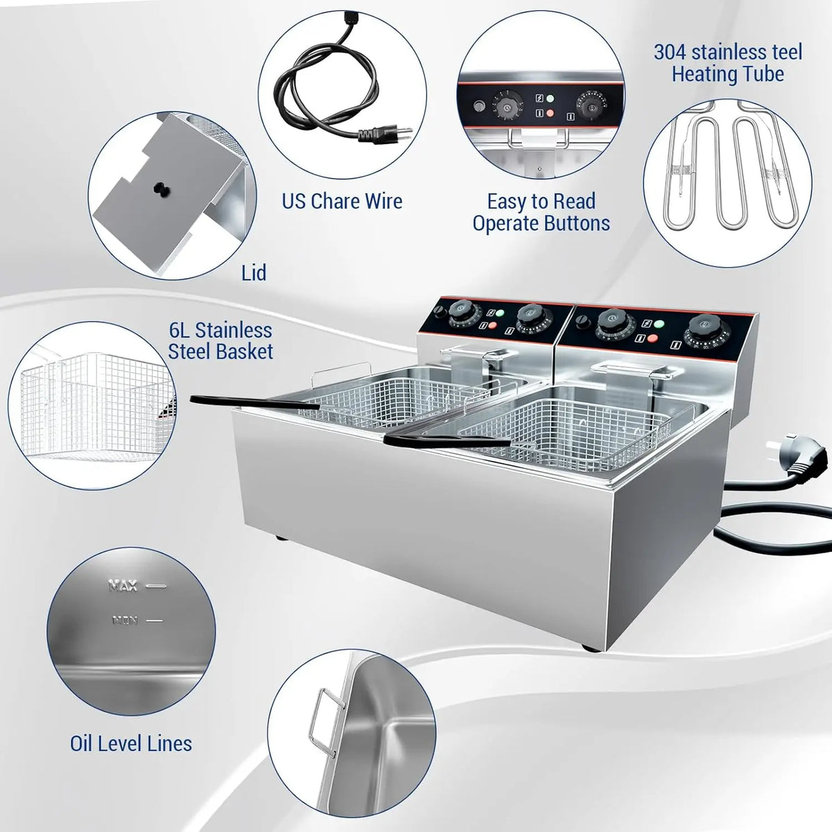 Acekool Commercial Electric Deep Fryer With Adjustable Thermostat