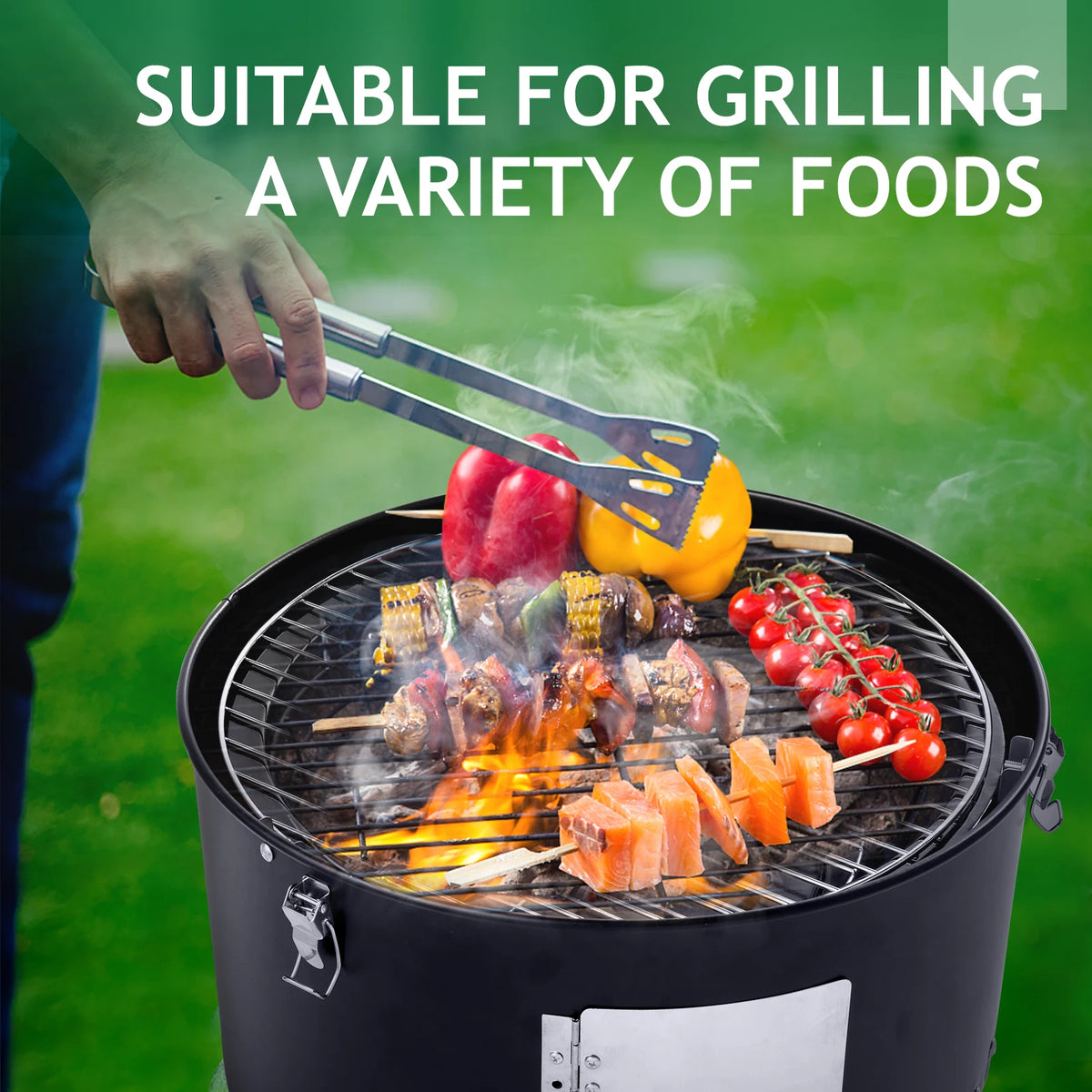 Vertical Steel Charcoal Smoker Heavy Duty Double Layer Round BBQ Grill for Outdoor Cooking Black with Thermometer Chrome Grates