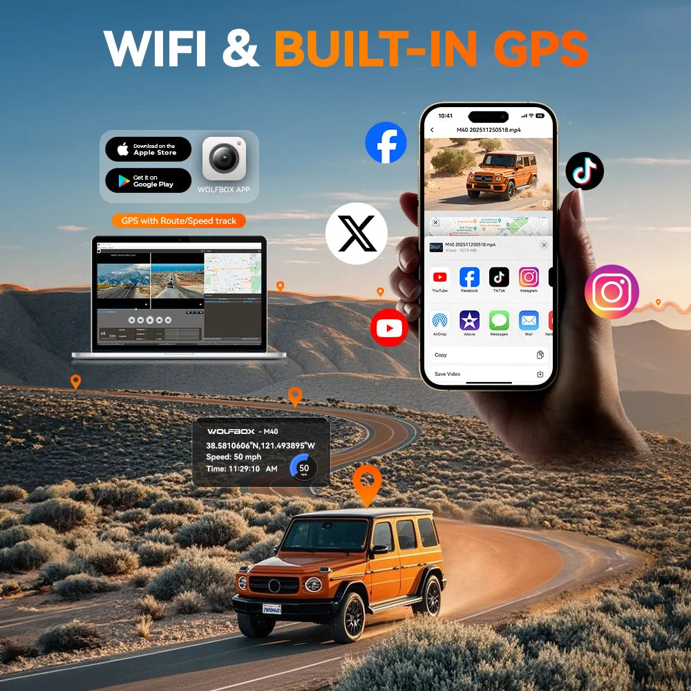 WOLFBOX M40 Dash Cam 4K 1080P With Voice Control GPS