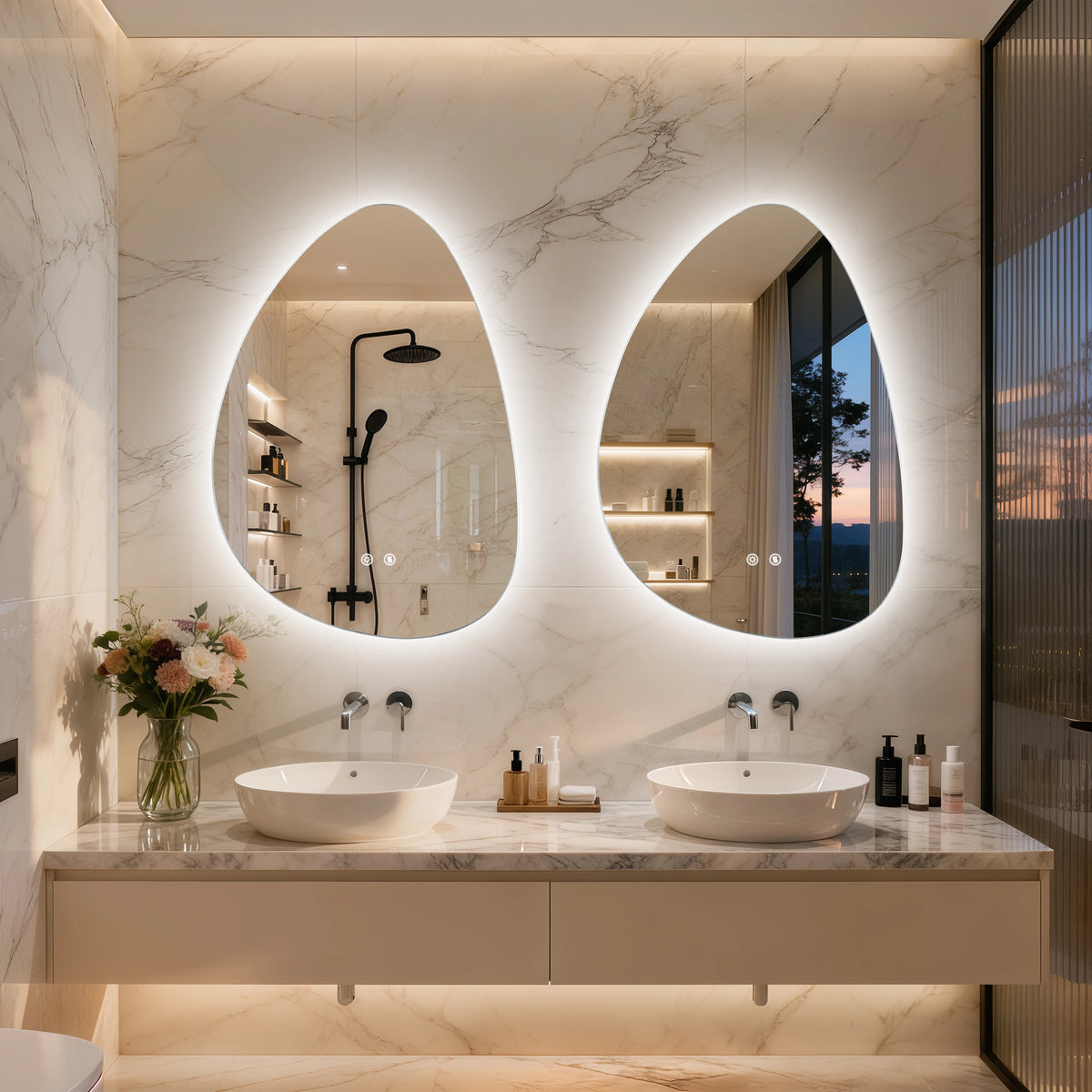 LED Bathroom Mirror Wall Mounted Vanity Mirror with 3 Lighting Colors, Touch Sensor, Anti-Fog, Backlit Light, Irregular Pebble Shape