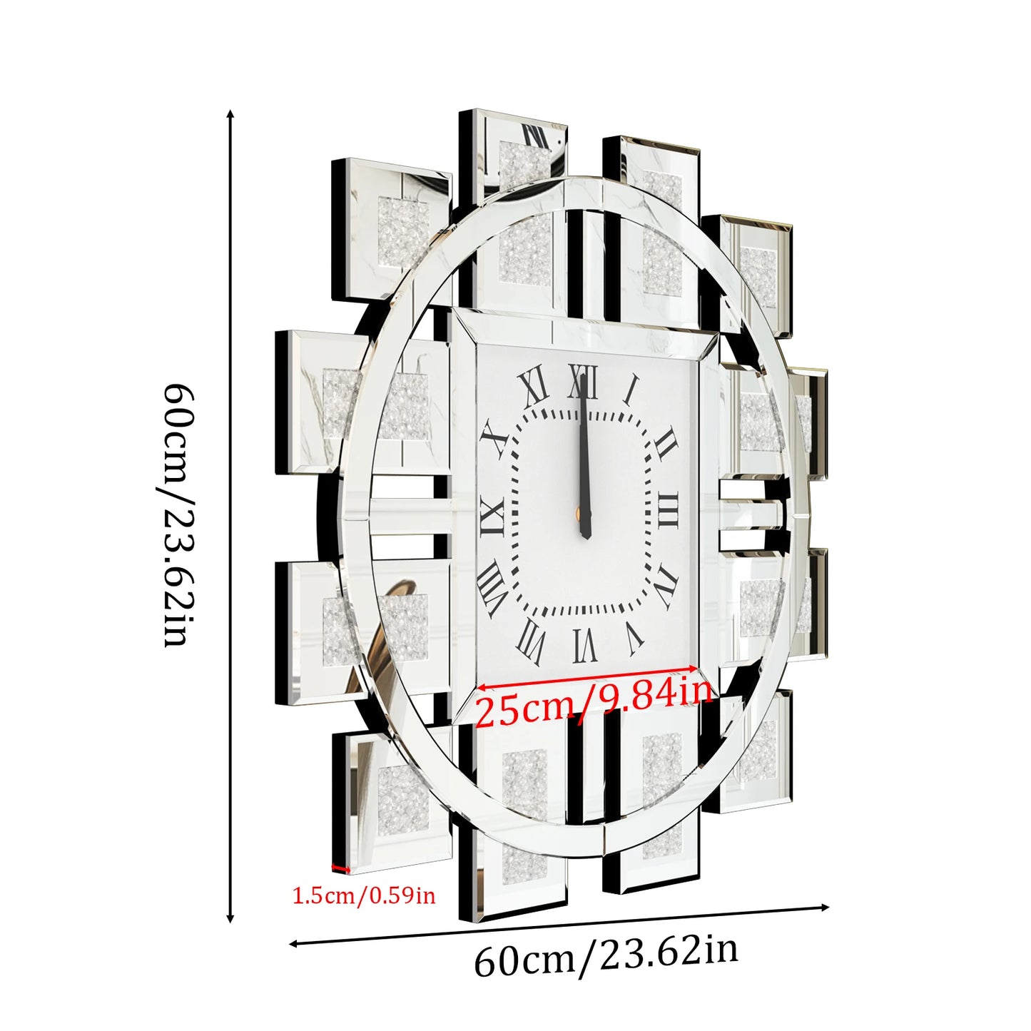 Crushed Diamond Mirrored Wall Clock Sparkle Bling Quartz Roman Numerals