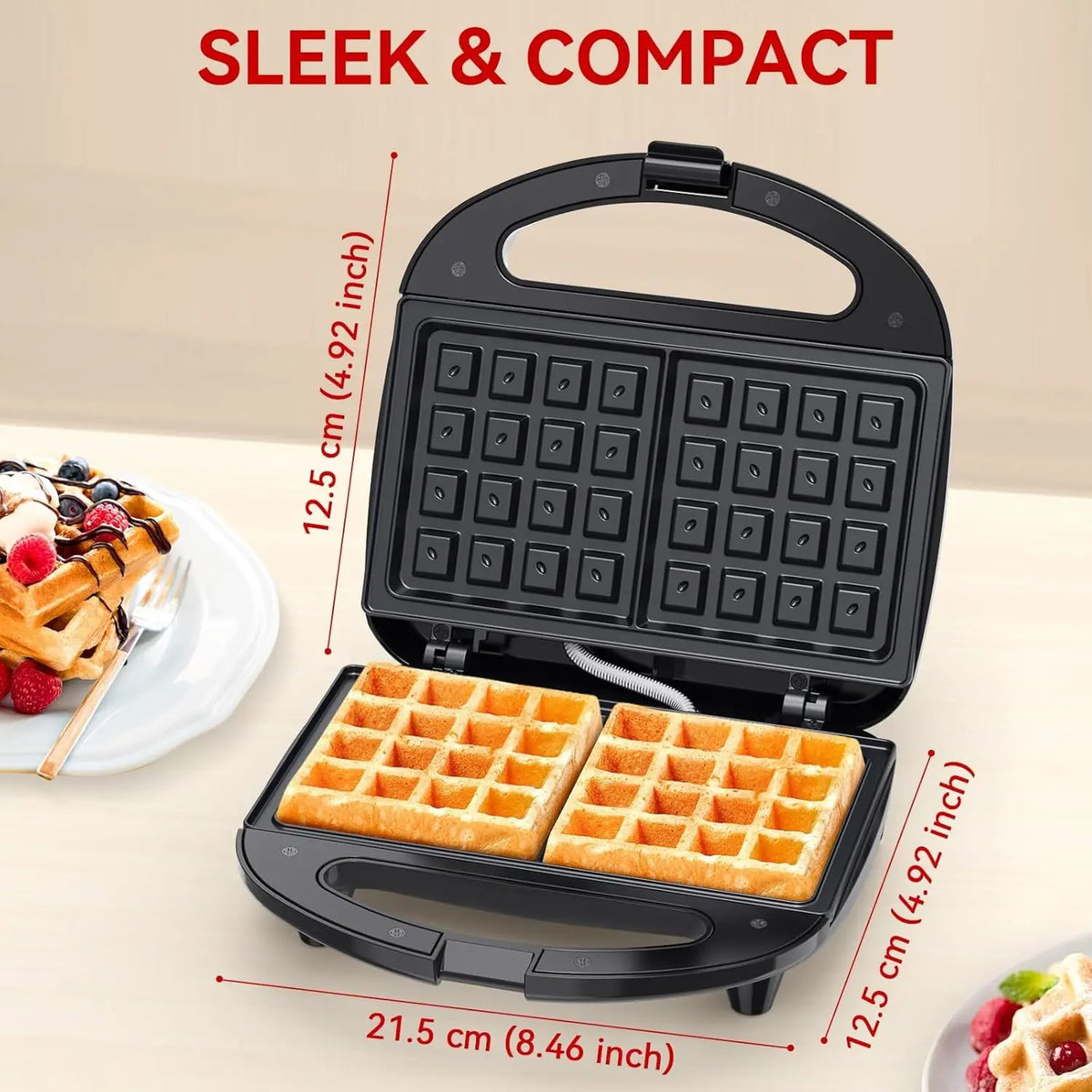Waffle Maker, 2 Slice Non-Stick Waffle Iron, Belgian Waffle Machine with Indicator Lights, PFOA Free, Perfect for Breakfast and Snacks, 750W