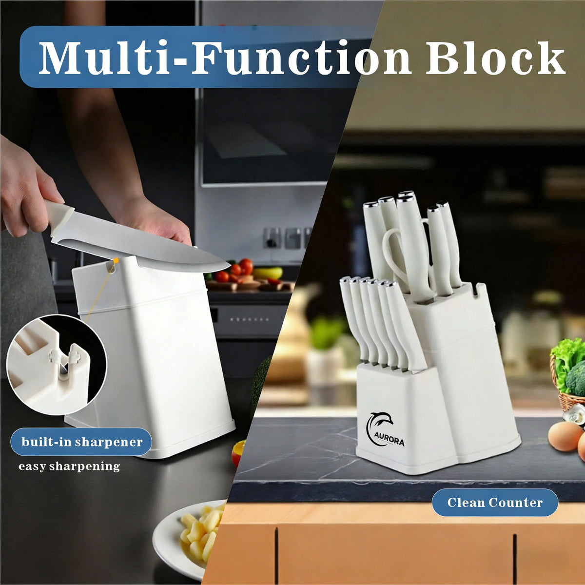 Knife Set, 15 Piece Knife Block Set with Built-in Sharpener, Dishwasher Safe, Rust Resistant, Stainless Steel