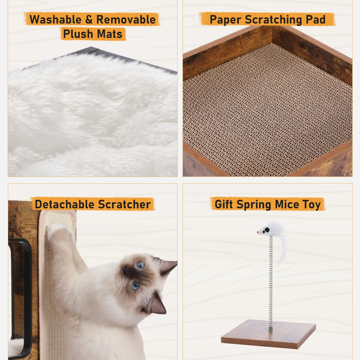 PAWZ Road Modern Wood Cat Condo House Bed With Scratching Pad