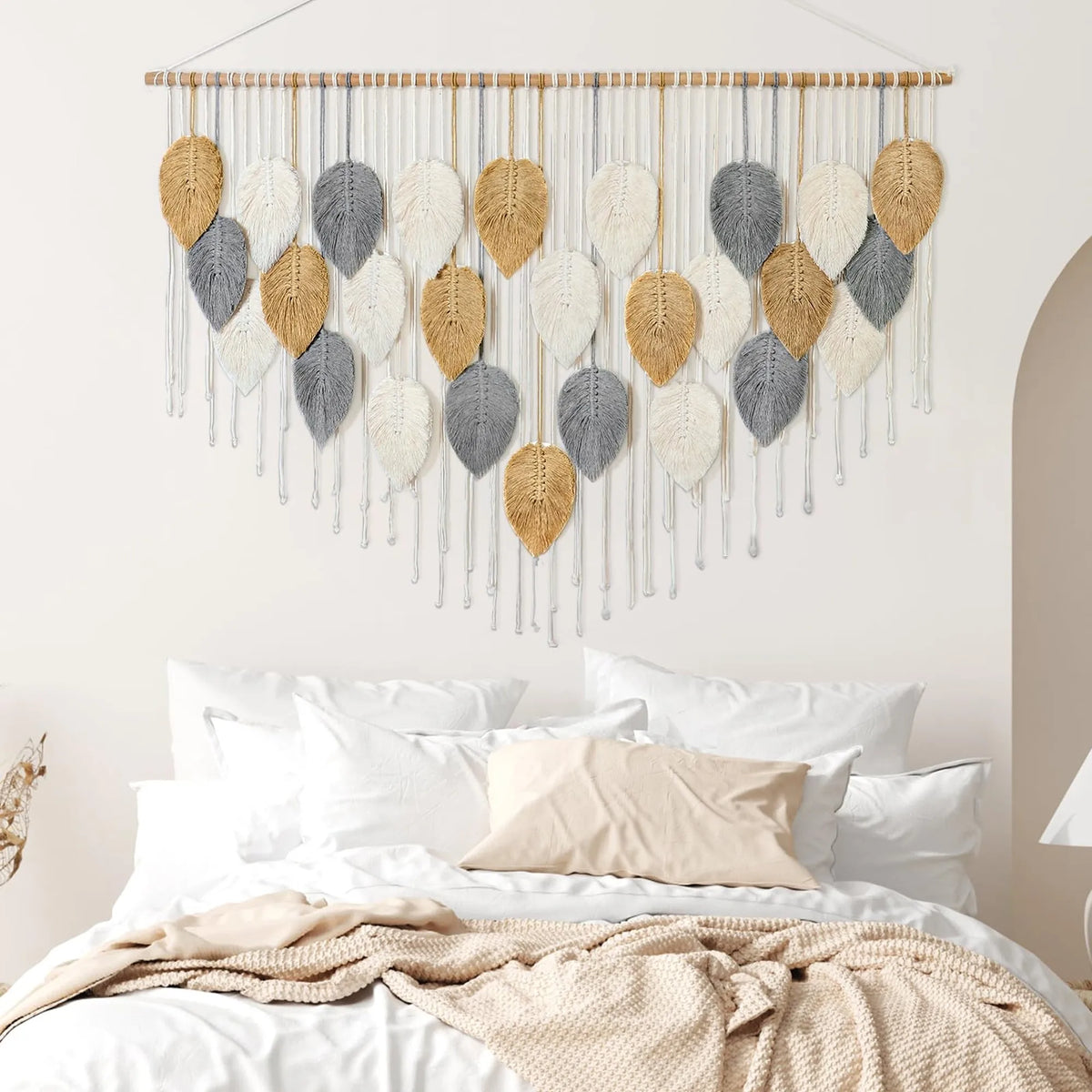 Handmade Boho Leaf and Feather Woven Cotton Wall Tapestry