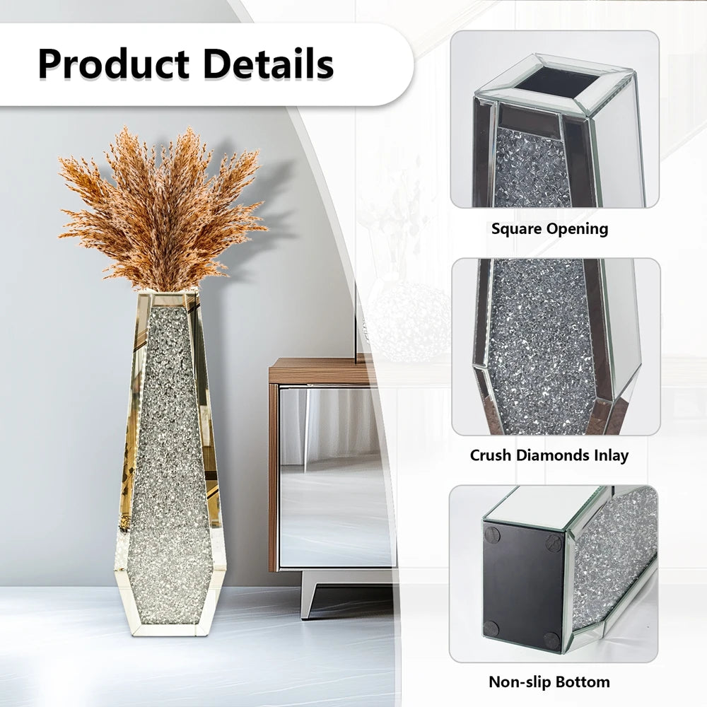 Luxury Crushed Diamond Mirrored Floor Glass Flower Vase