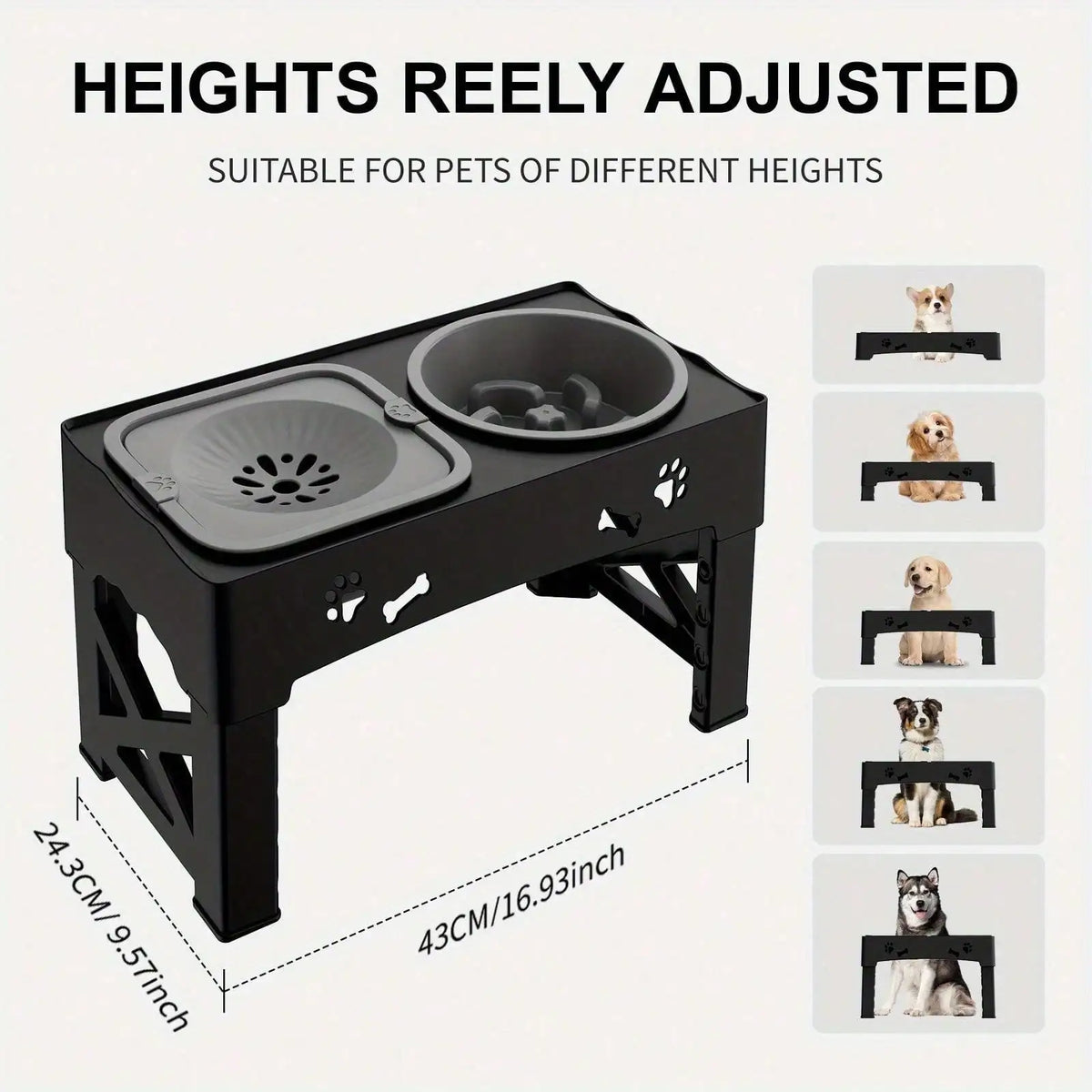 Adjustable Raised Dog Bowl Stand Anti Slip Dual Pet Feeder