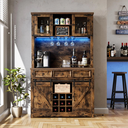 72 Inch Coffee Bar Cabinet With LED Lights And Power Outlets, Farmhouse Kitchen Buffet Hutch, Wine Rack, 3 Drawers And Sliding Barn Doors