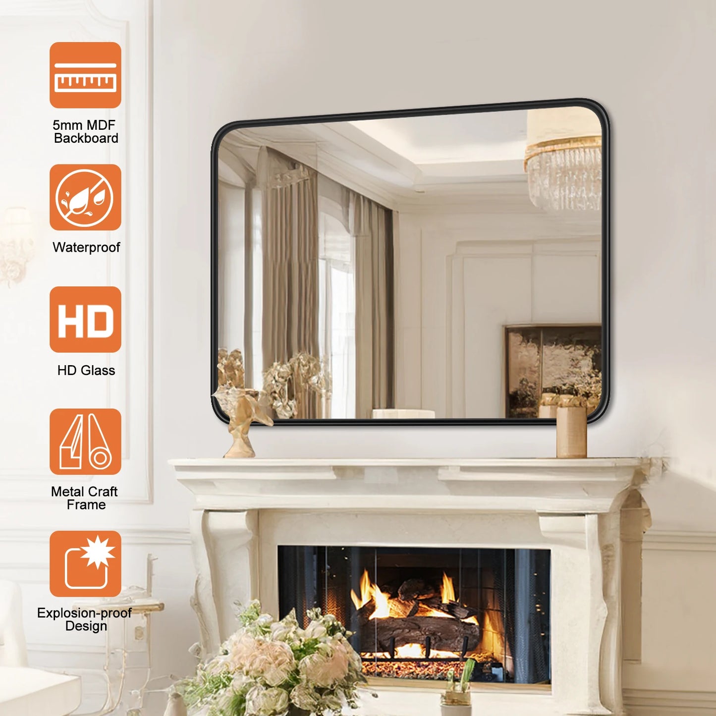 JHK Matte Metal Framed Bathroom Mirror Tempered Glass Wall Mount