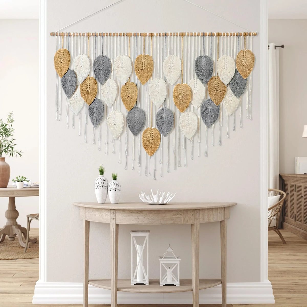 Handmade Boho Leaf and Feather Woven Cotton Wall Tapestry