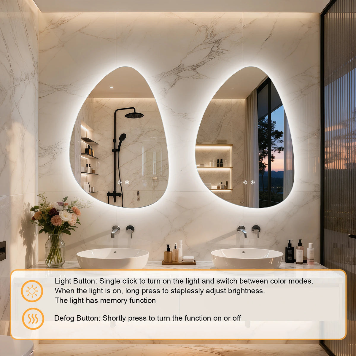 LED Bathroom Mirror Wall Mounted Vanity Mirror with 3 Lighting Colors, Touch Sensor, Anti-Fog, Backlit Light, Irregular Pebble Shape