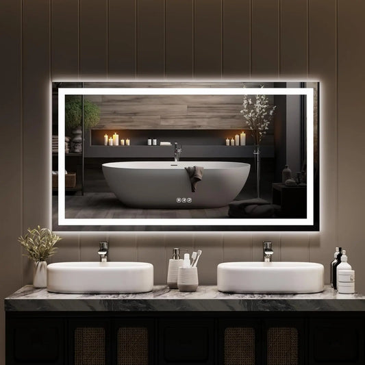 LED Bathroom Mirror with Memory, Stepless Dimmable/Anti-Fog/Shatter-Proof/Front&Backlit, Lighted Vanity Mirror, Wall Mount