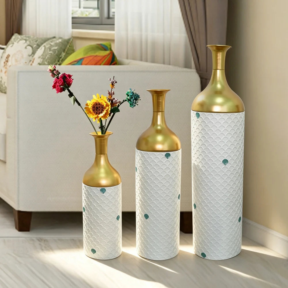 Set Of Three White And Gold Metal Floor Vases With Gold Leaf Pattern