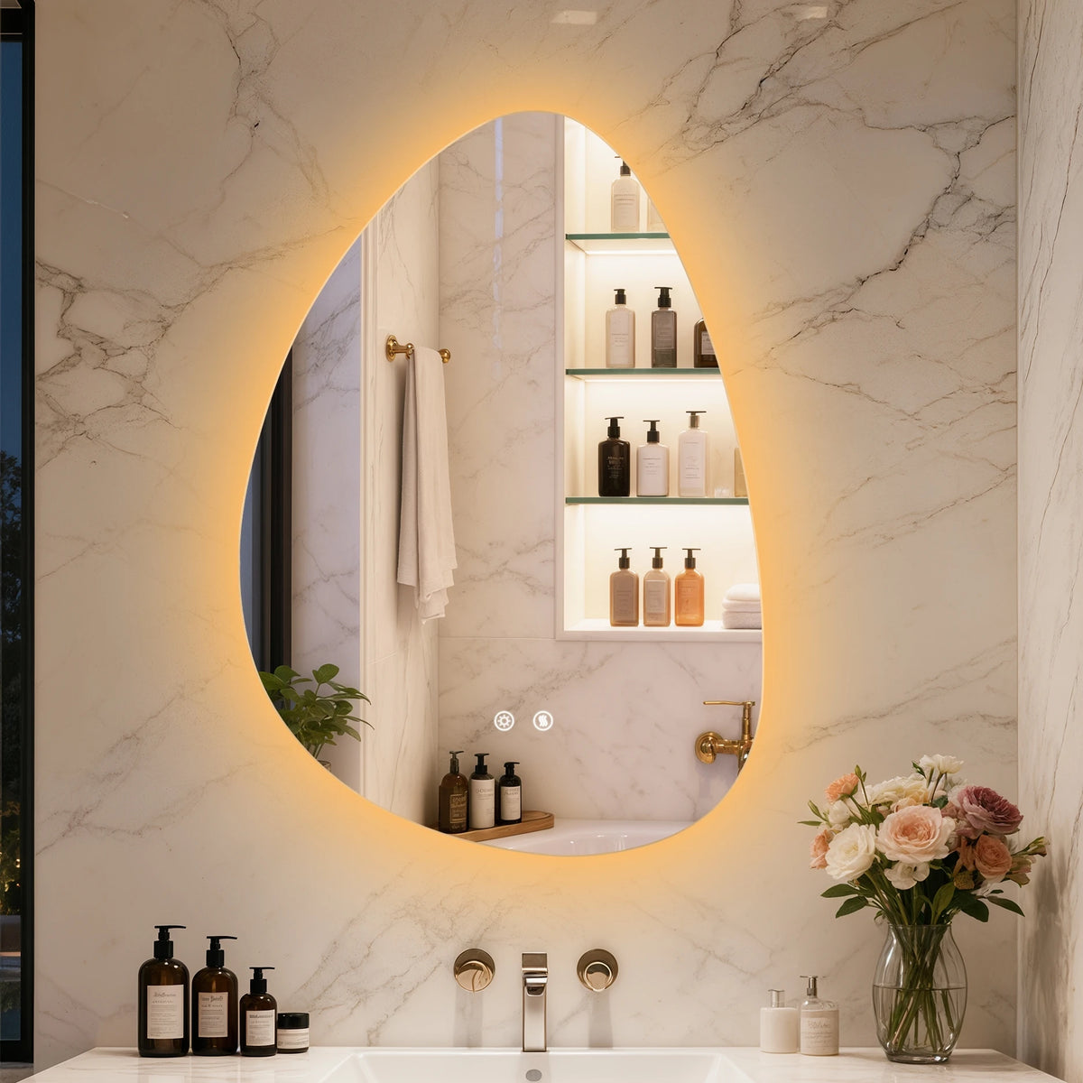 LED Bathroom Mirror Wall Mounted Vanity Mirror with 3 Lighting Colors, Touch Sensor, Anti-Fog, Backlit Light, Irregular Pebble Shape