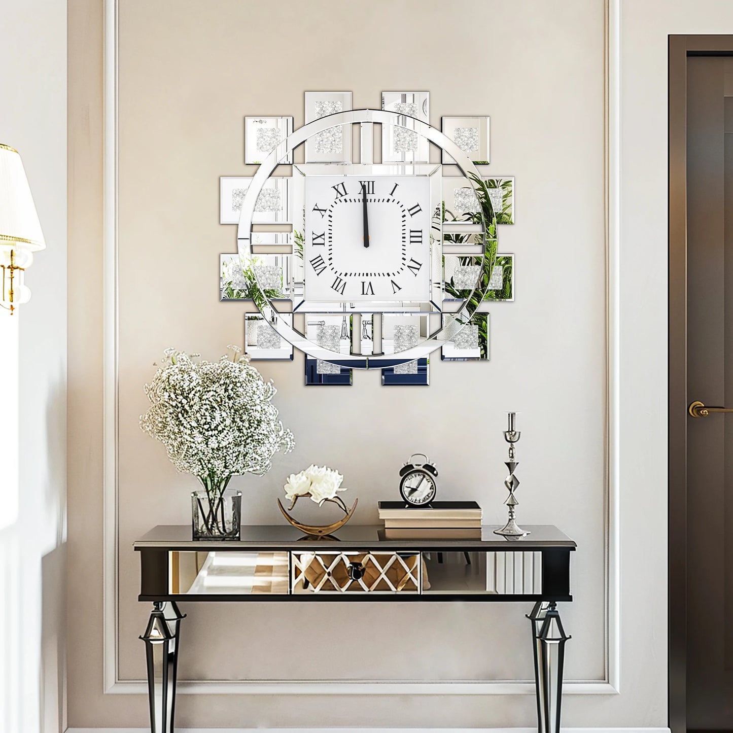 Crushed Diamond Mirrored Wall Clock Sparkle Bling Quartz Roman Numerals