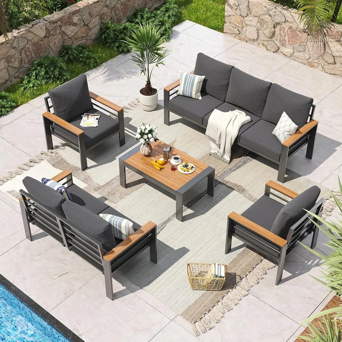 Aluminum Outdoor Patio Furniture Set 7 Seats With Cushions And Coffee Table