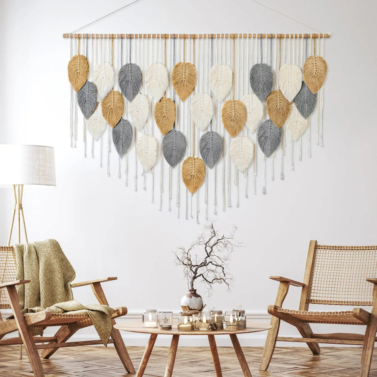 Handmade Boho Leaf and Feather Woven Cotton Wall Tapestry