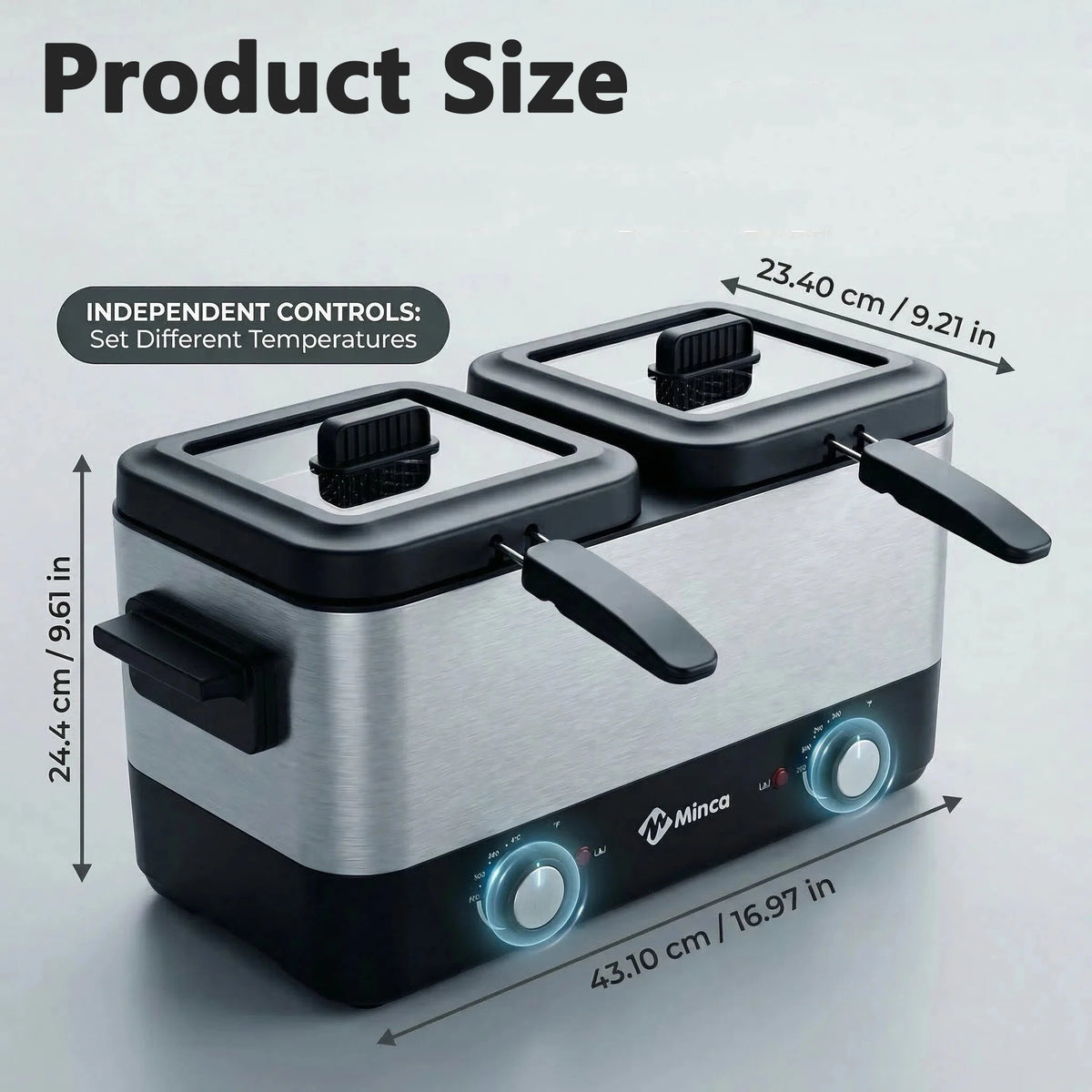 M Minca 1.5 Liters Deep Fryer with Detachable Dual Inner Liners & Double Cooking Baskets, Dual Thermostat Control, Safety Anti-Splash Cover, Heat Resistant Glass Lid, Easy Clean Home Deep Fat Fryer