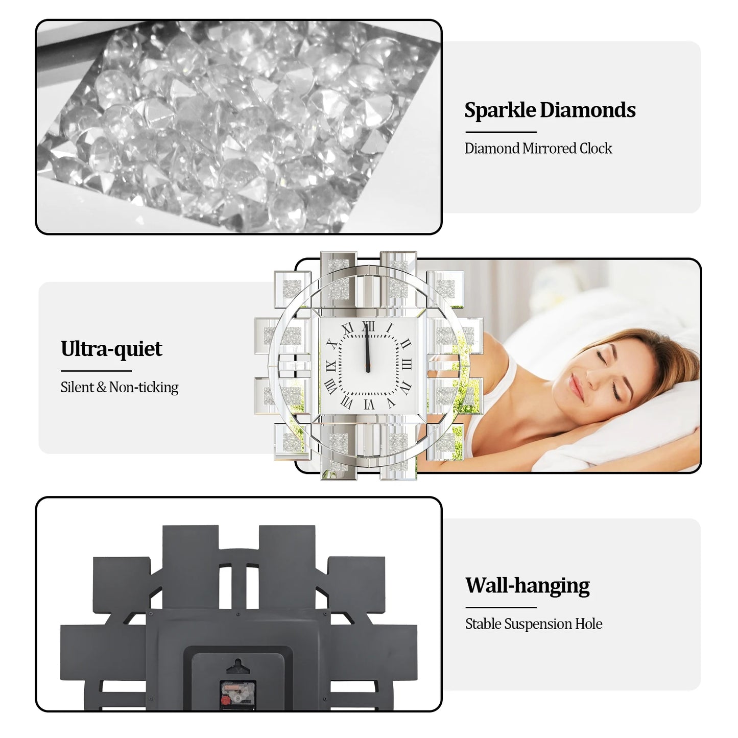 Crushed Diamond Mirrored Wall Clock Sparkle Bling Quartz Roman Numerals